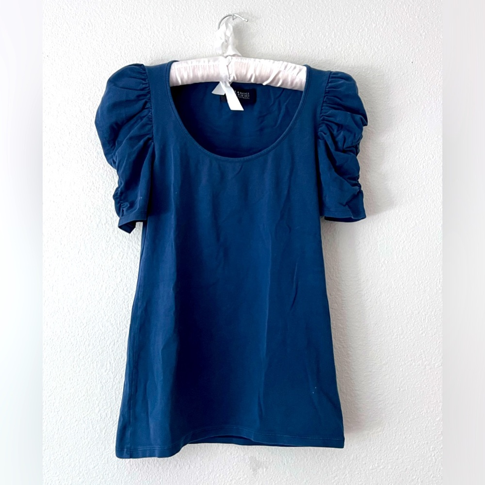 || ZARA BASICS || PUFF-SLEEVE NAVY TOP ||